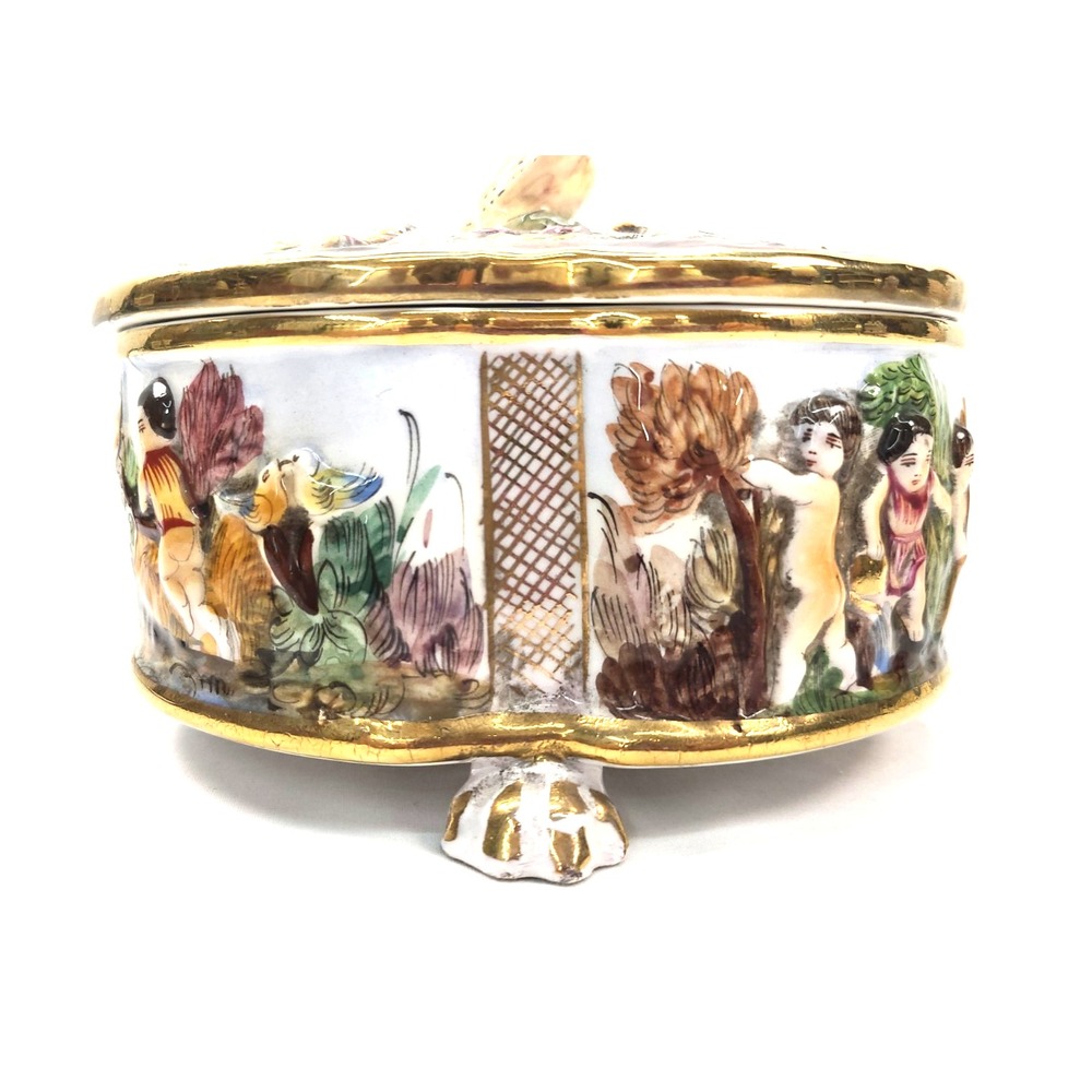 Stunning Capodimonte Porcelain Covered Footed Dresser/Vanity  Trinket Box Italy